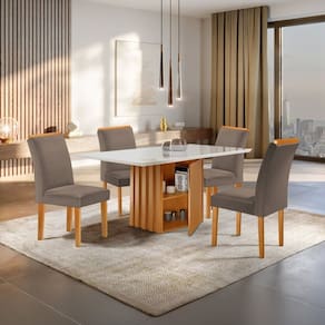Conjunto Mesa Elis 120cm X 90cm com 4 Cadeiras Luisa Tampo Slim Plus com Vidro Cinamomo/Off White/Bege Escuro