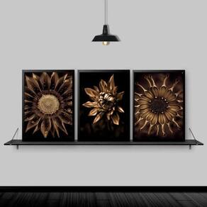 Kit 3 Quadros Flores Girassóis Bronze 33X24Cm Madeira Preta