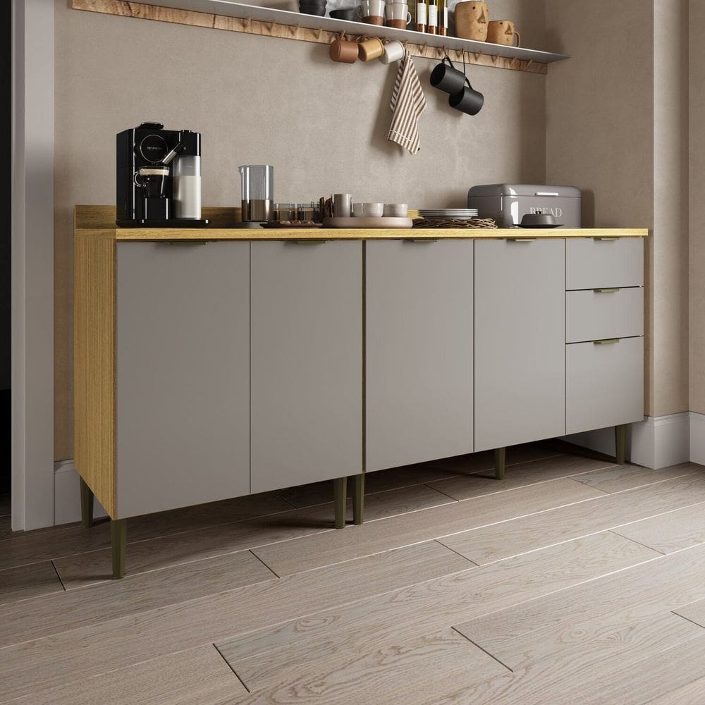 Cozinha Modulada 2 Balcão com Tampo 5 Portas 2 Gavetas Ibiza Louro Freijó/Cinza