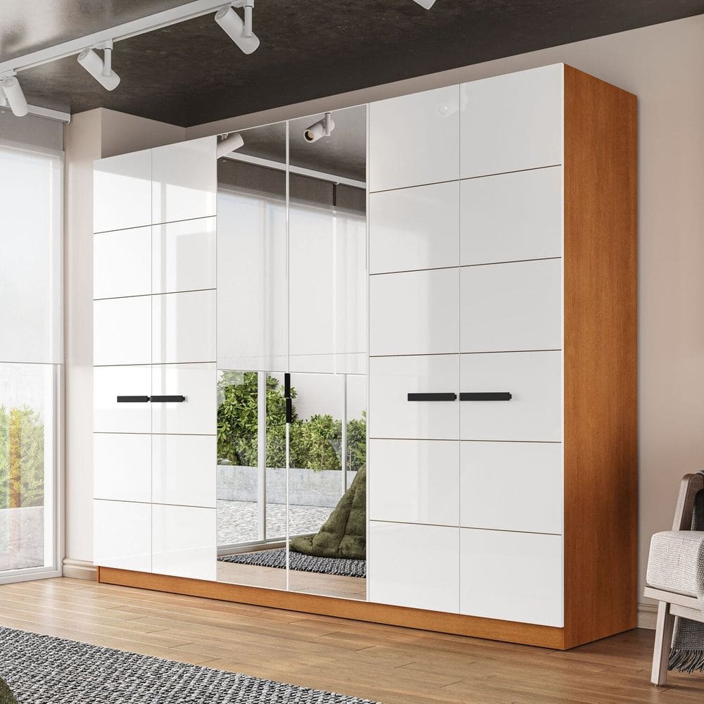 Guarda Roupa 6 Portas 4 Gavetas com Espelho Lisboa Freijó/Branco