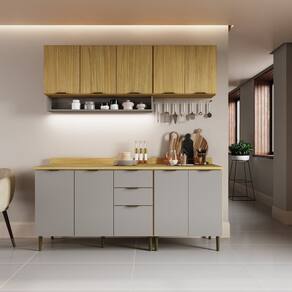 Cozinha Modulada 2 Balcão com Tampo 2 Aéreo 10 Portas 2 Gavetas Ibiza Louro Freijó/Cinza