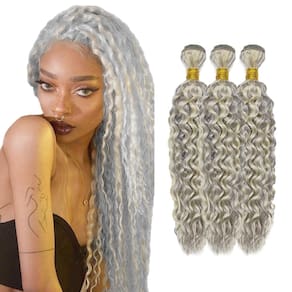 Pacotes de cabelo HuxoWax Silver Grey/Blonde Kinky Curly 8A 12 14 16