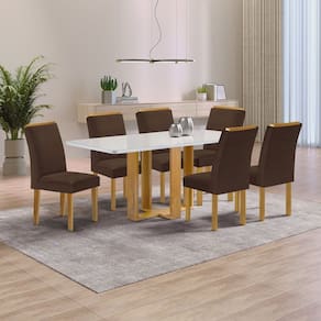 Conjunto Mesa Isadora 170cmx90cm com 6 Cadeiras Luisa Tampo Smart Plus com Vidro Cinamomo/Off White/Marrom