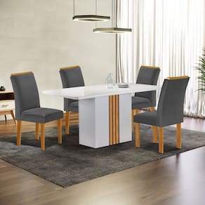Conjunto Mesa Celeste 120cmx90cm com 4 Cadeiras Luisa Tampo Smart Plus com Vidro Off White/Cinamomo/Cinza