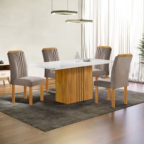 Conjunto Mesa Celeste 120cm X 90cm com 4 Cadeiras Celeste Tampo Smart Plus com Vidro Cinamomo/Off White/Bege Escuro