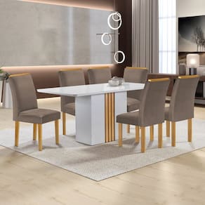 Conjunto Mesa Celeste 170cmx90cm com 6 Cadeiras Luisa Tampo Smart Plus com Vidro Off White/Cinamomo/Bege Escuro