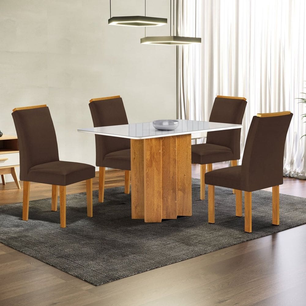 Conjunto Mesa Lorena 120cmx80cm com 4 Cadeiras Luisa Tampo Londres Cinamomo com Vidro Off White Cinamomo/Off White/Marrom
