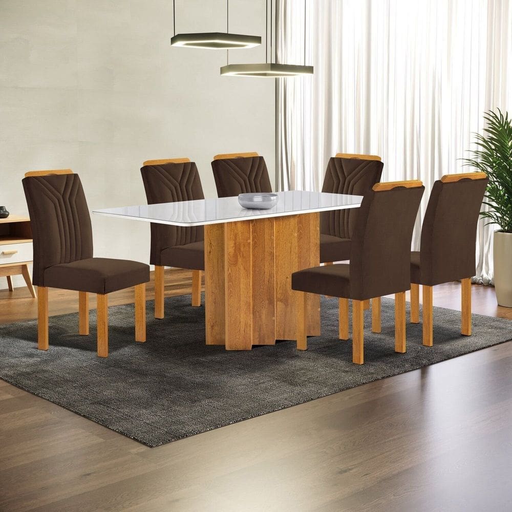 Conjunto Mesa Lorena 160cmx80cm com 6 Cadeiras Celeste Tampo Londres Cinamomo com Vidro Off White Cinamomo/Off White/Marrom