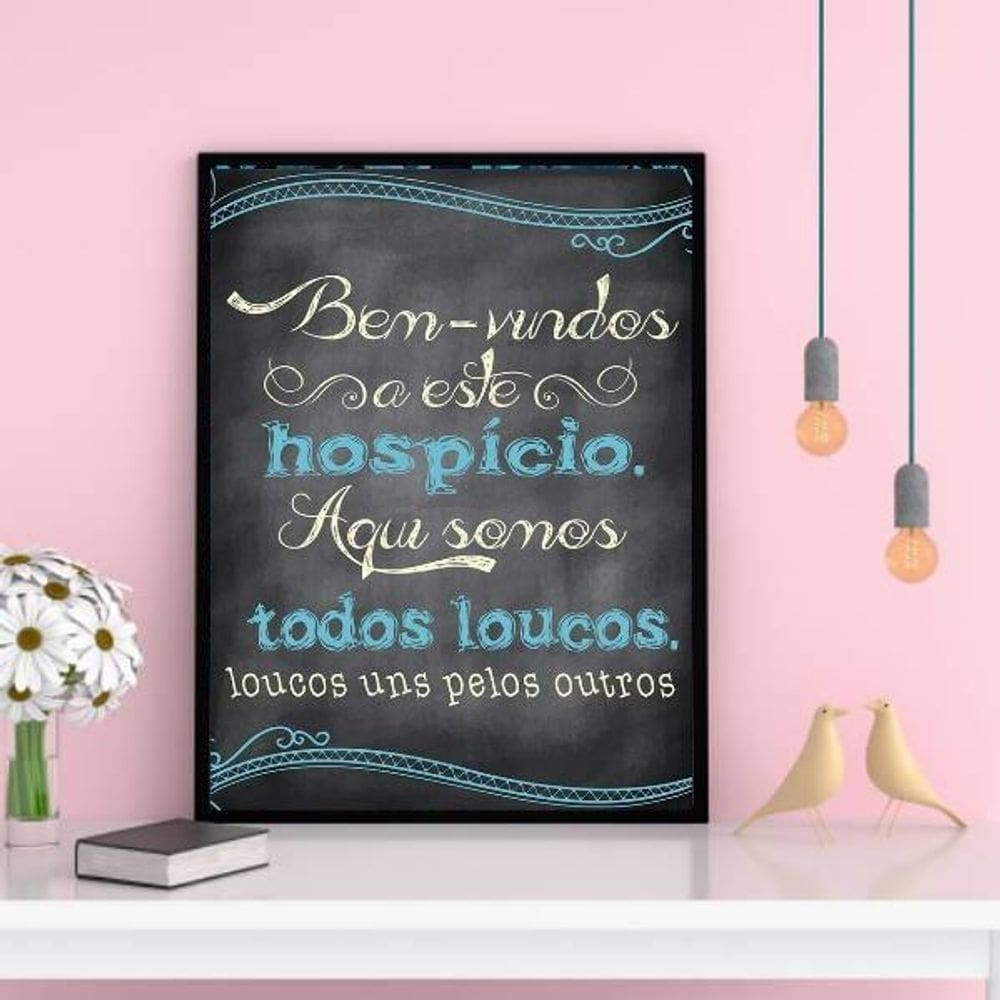 Quadro Bem Vindos A Este Hospício 24X18Cm Com Vidro - Preta