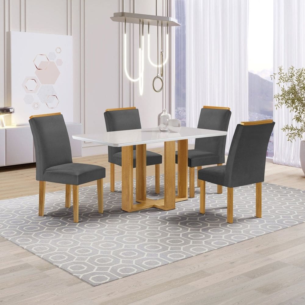 Conjunto Mesa Isadora 120cmx90cm com 4 Cadeiras Luisa Tampo Smart Plus com Vidro Cinamomo/Off White/Cinza