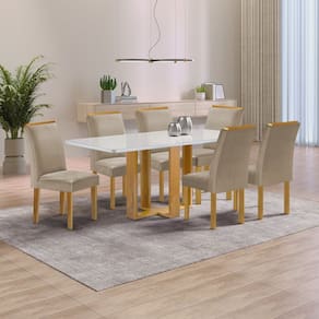 Conjunto Mesa Isadora 170cmx90cm com 6 Cadeiras Luisa Tampo Smart Plus com Vidro Cinamomo/Off White/Bege Claro
