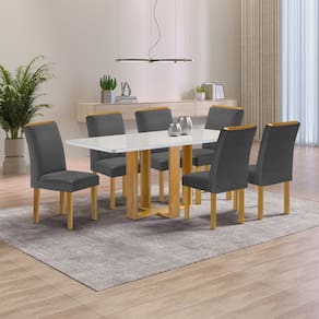 Conjunto Mesa Isadora 170cmx90cm com 6 Cadeiras Luisa Tampo Smart Plus com Vidro Cinamomo/Off White/Cinza