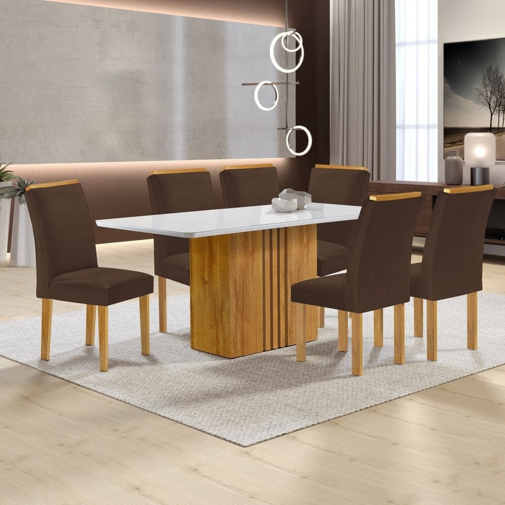 Conjunto Mesa Celeste 170cm X 90cm com 6 Cadeiras Luisa Tampo Smart Plus com Vidro Cinamomo/Off White/Marrom