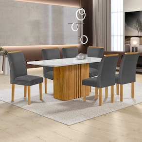 Conjunto Mesa Celeste 170cmx90cm com 6 Cadeiras Luisa Tampo Smart Plus com Vidro Cinamomo/Off White/Cinza