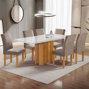 Conjunto Mesa Lorena 160cm X 80cm com 6 Cadeiras Espanha Tampo Dakota Plus com Vidro Cinamomo/Off White/Bege Escuro