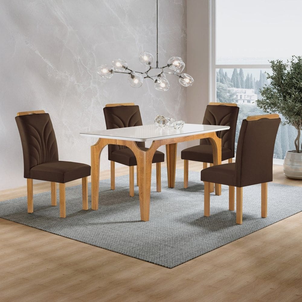 Conjunto Mesa Melina 120cmx90cm com 4 Cadeiras Carolina Tampo Smart Plus com Vidro Cinamomo/Off White/Marrom