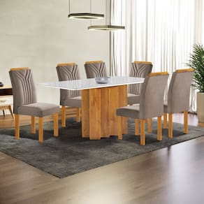 Conjunto Mesa Lorena 160cmx80cm com 6 Cadeiras Celeste Tampo Londres Cinamomo com Vidro Off White Cinamomo/Off White/ Bege Escuro