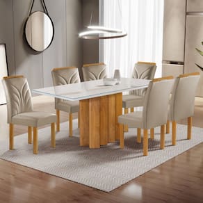 Conjunto Mesa Lorena 160cmx80cm com 6 Cadeiras Carolina Tampo Dakota Plus com Vidro Off White Cinamomo/Off White/Bege Claro