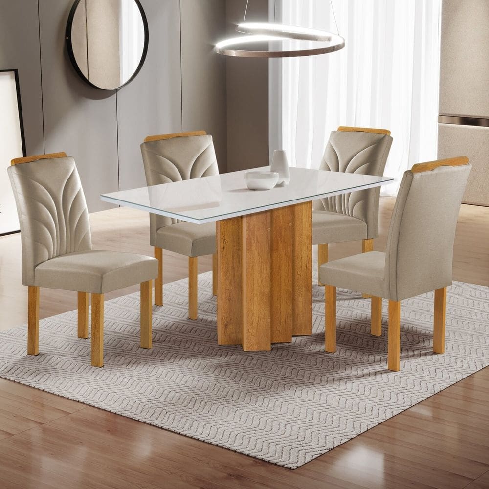 Conjunto Mesa Lorena 120cmx80cm com 4 Cadeiras Carolina Tampo Dakota Plus com Vidro Cinamomo/Off White/Bege Claro