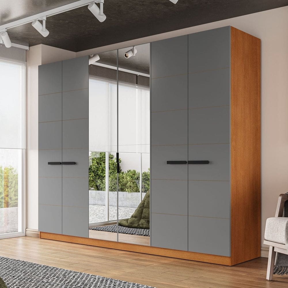 Guarda Roupa 6 Portas 4 Gavetas com Espelho Lisboa Freijó/Cinza