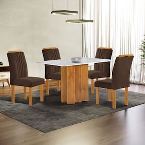 Conjunto Mesa Lorena 120cmx80cm com 4 Cadeiras Celeste Tampo Londres com Vidro Cinamomo/Off White/Marrom