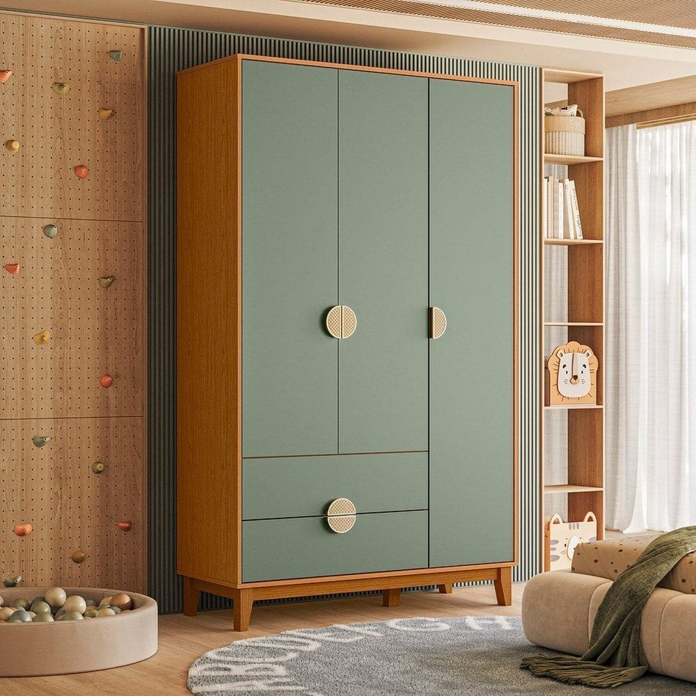 Guarda Roupa 03 Portas e 02 Gavetas Kid Cinamomo / Sálvia