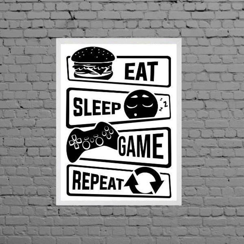 Quadro eat sleep game repeat 45x34cm - Moldura Branca