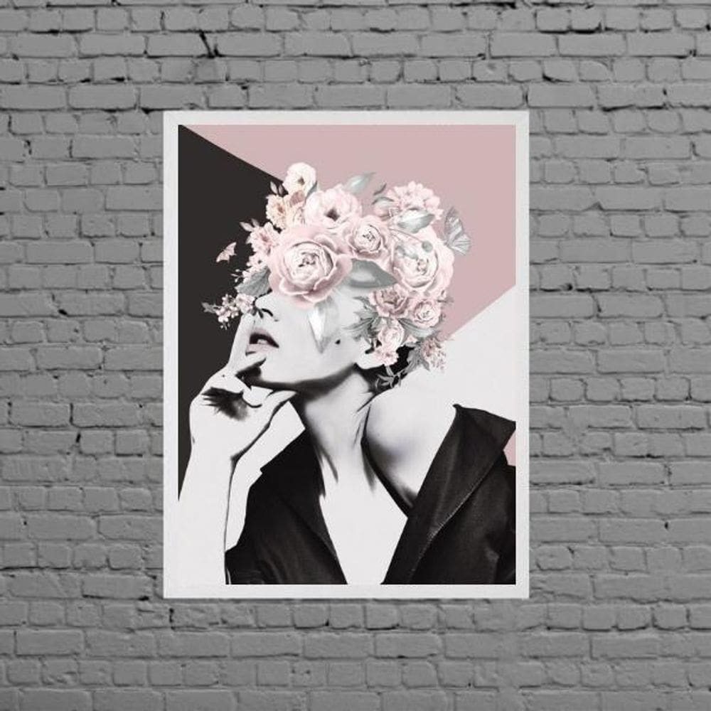 Quadro Mulher Geométrico Com Flores Rosas 24X18Cm Com Vidro