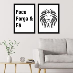 Kit 2 Quadros Foco, Força E Fé Leão 45X34Cm Com Vidro Preta