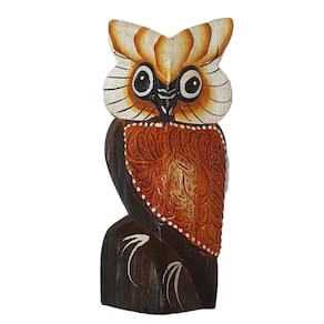 Coruja Entalhe E Pintura Madeira Balsa Laranja 17Cm