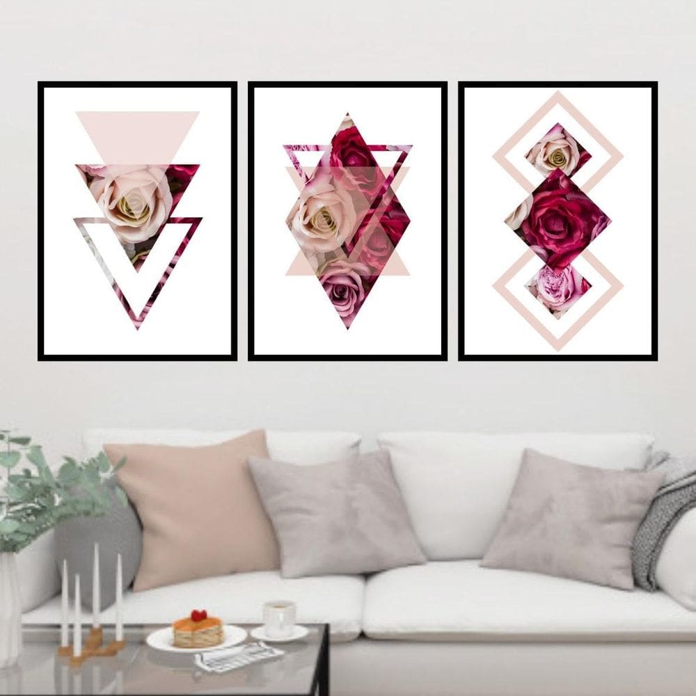 Kit 3 Quadros Geométrico Triângulos Rosas 60X40Cm Preta