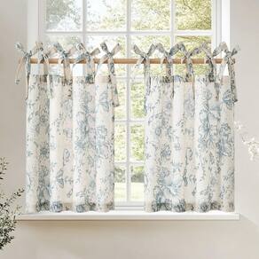 Cortinas jinchan Floral Linen Tier 60 cm Farmhouse Cafe Blue