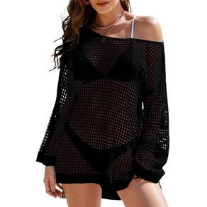 Swimsuit Cover Up Buauty Crochet de manga curta preta para mulheres