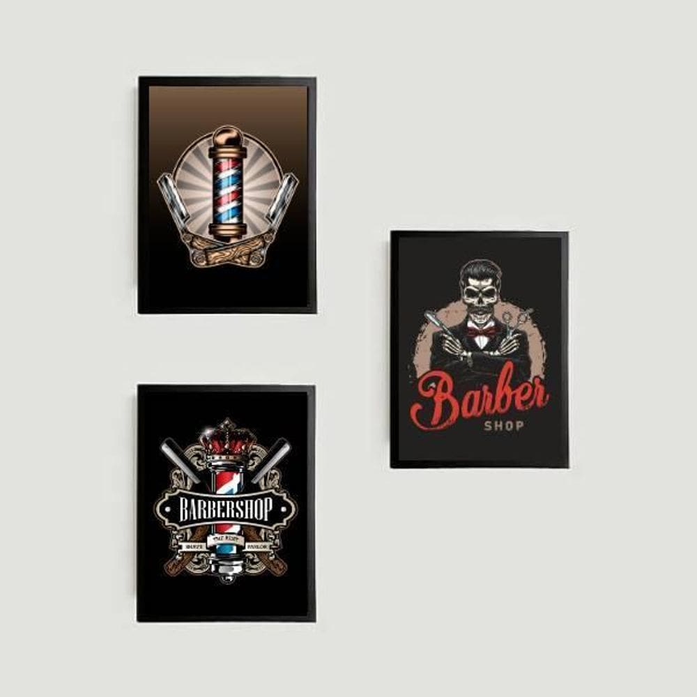 Kit 3 Quadros Símbolos Barber Shop 33X24Cm - Com Vidro