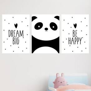 Kit 3 Quadros Panda Dream Big Be Happy 33X24Cm Com Vidro