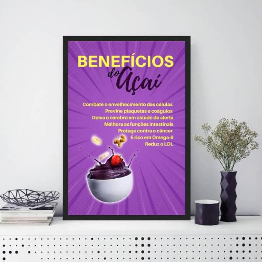 Quadro Decorativo Benefícios Do Açaí 33X24Cm Moldura Preta