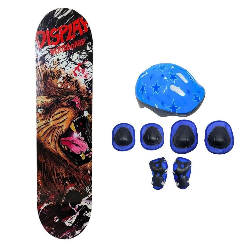 Skate Infantil Radical Leão + Kit Proteção Estrela Azul