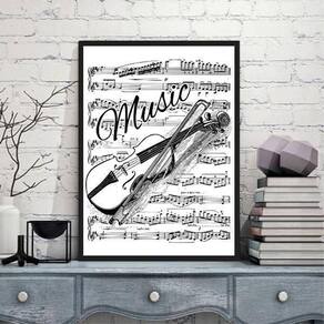 Quadro Decorativo Music Violino 45X34Cm Vidro Moldura Preta