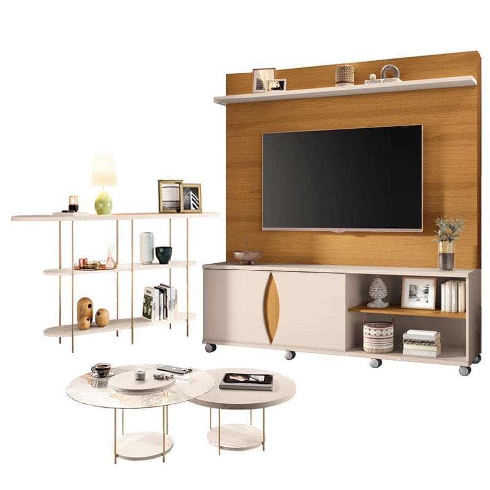 Estante Home Theater Luxor Cinamomo Off White e Aparador Infinity e Kit Mesa de Centro Sky Off White- HB Móveis