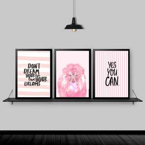 Kit 3 Quadros Leão Rosa Yes You Can 33X24Cm Moldura Preta