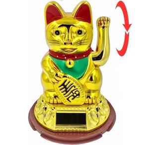 Gato Da Sorte Dourado Maneki Neko Balança Mão Carrega Solar