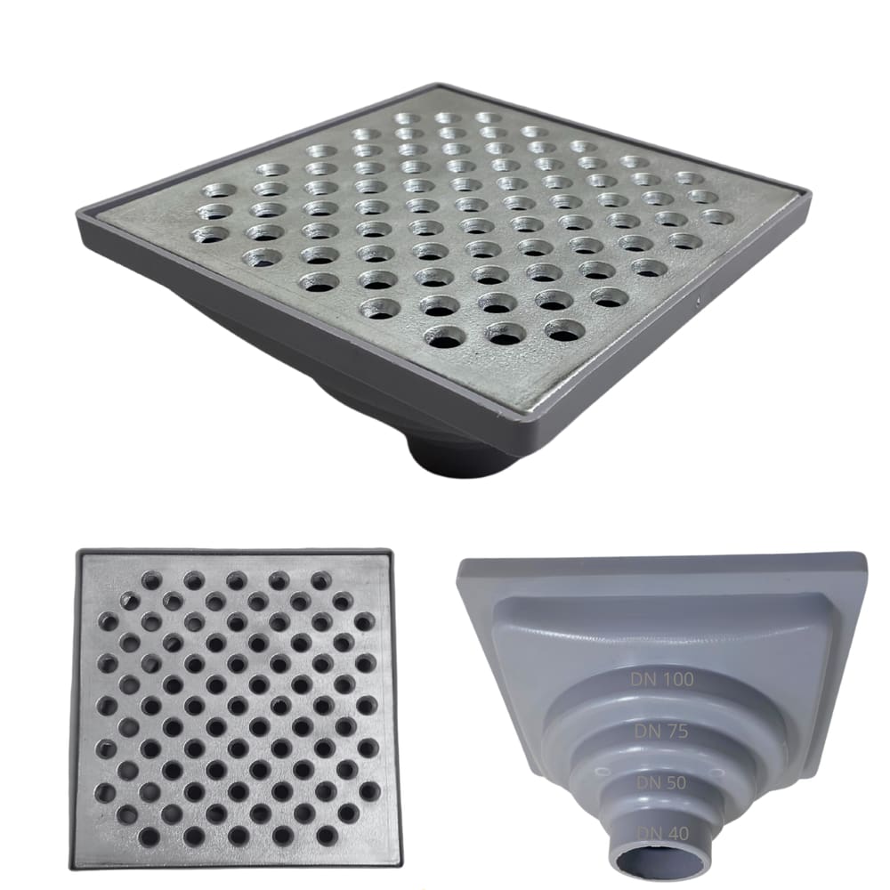 Ralo Anti Odor Aluminio Bolinha 15x15 e Coletor Cinza Saída Baixa Adapt de 40mm até 100mm