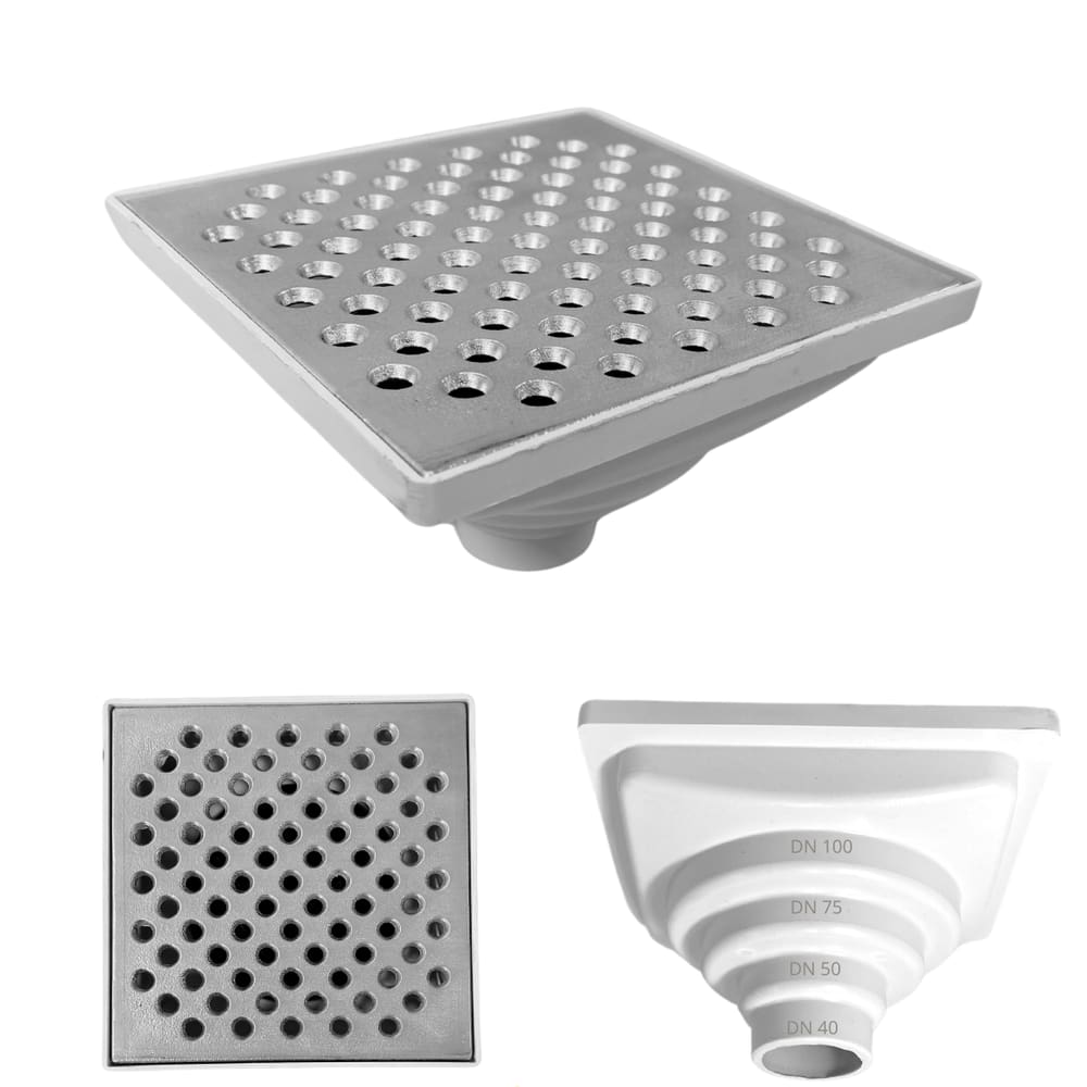 Ralo Anti Odor Aluminio Bolinha 15x15 e Coletor Branco Saída Baixa Adapt de 40mm até 100mm