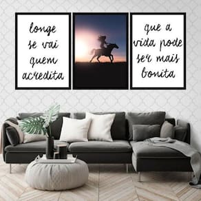 Kit 3 Quadros Longe Se Vai Cavalo 45X34Cm Moldura Preta