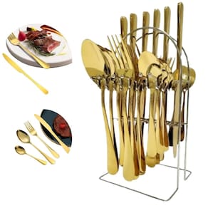 Jogo deTalheres Gold Luxo Dourado Faqueiro 25 peças Inox