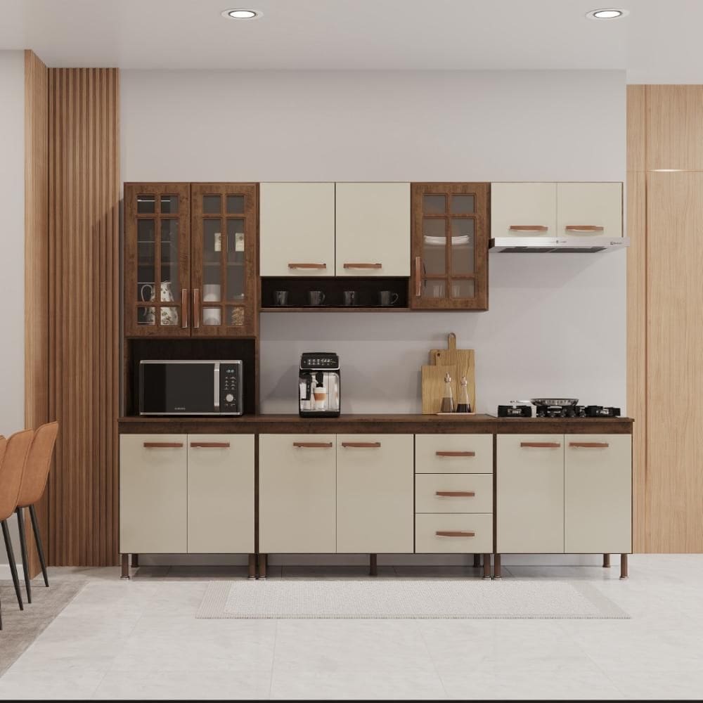 Cozinha Modulada Completa Fidelitá Lisboa 5 Peças 260cm 13 Portas 3 Gavetas Com Tampo Noce/Off-White