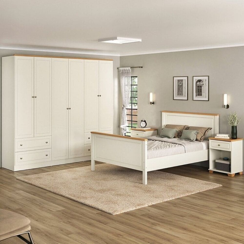 Conjunto Cama Casal, Guarda-Roupa 6 Portas 2 Mesas de Cabeceira Ananda CabeCasa MadeiraMadeira Off White/Mel