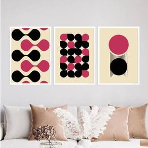Kit 3 Quadros Bauhaus Abstrato Magenta Preto 45X34Cm Branca