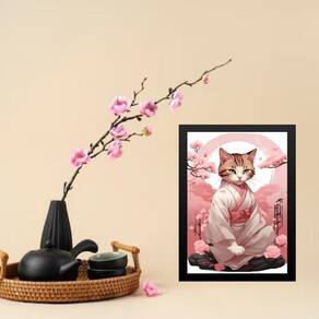 Quadro Gatinha Oriental De Kimono 24X18Cm - Com Vidro