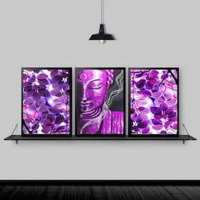 Kit 3 Quadros Buda Zen Folhas Roxas 33X24Cm Moldura Preta